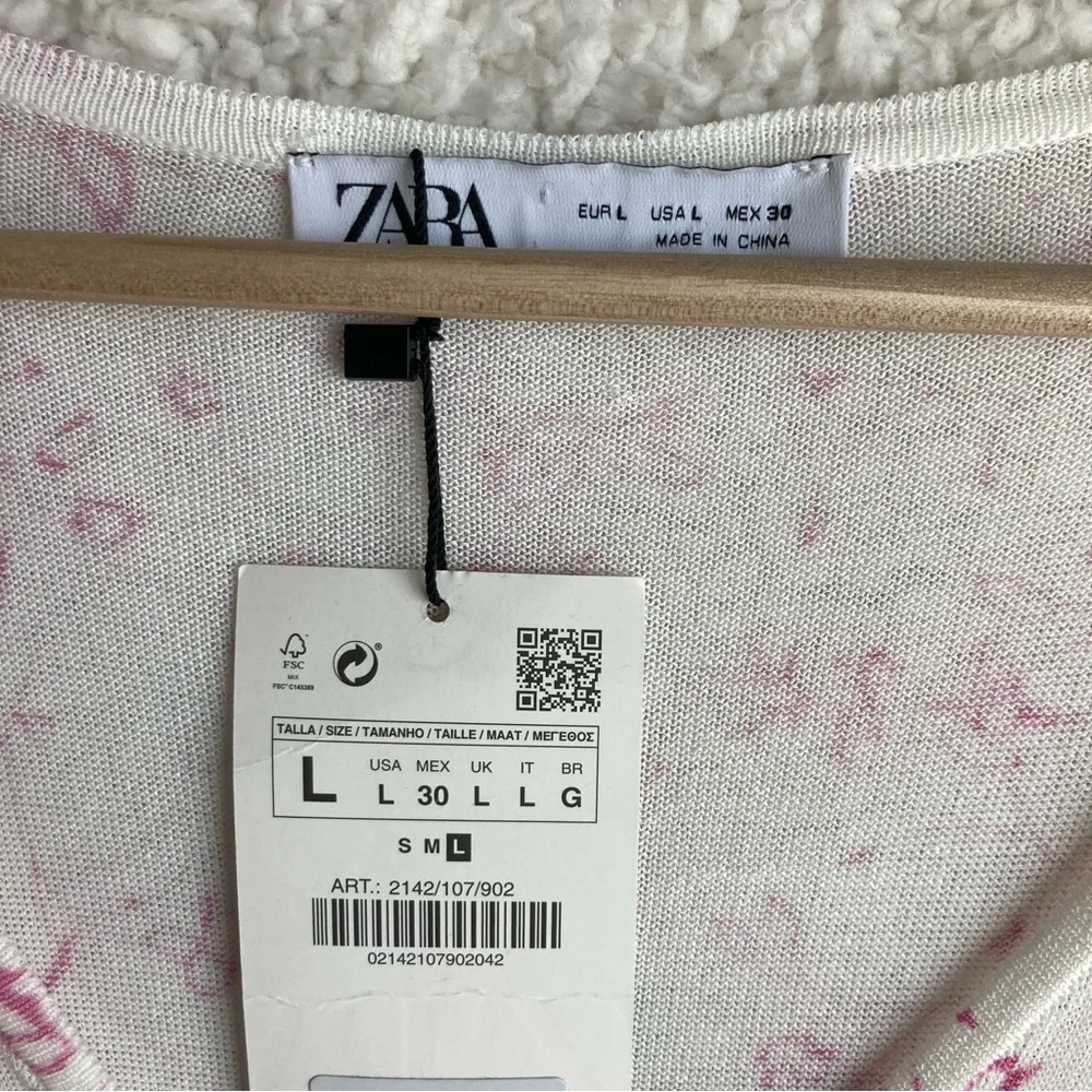 NWT Zara Women's puff short sleeve white floral open front cardigan, Sz L